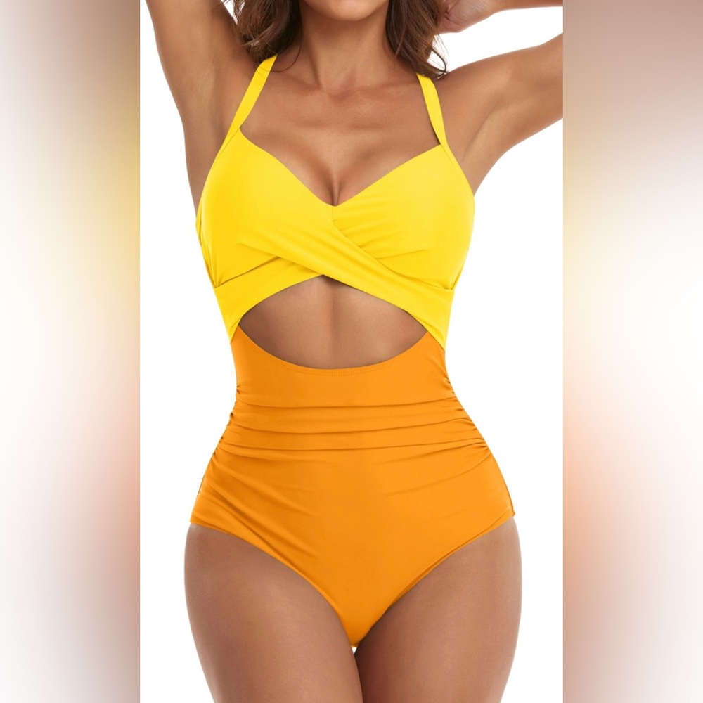 Yellow and Orange Women Swim One Piece swim suit